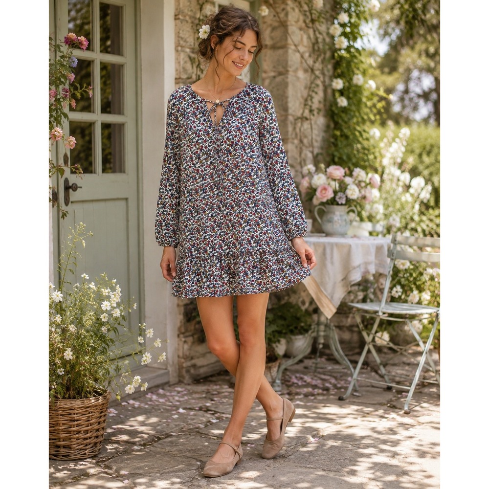 K173. J.Crew Cottagecore Floral Ruffle Hem Shift Dress Long Sleeve Large Twee